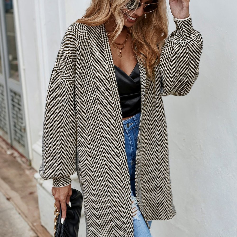 Casual Lantern Sleeve Knit Duster Cardigan Coffee Brown - Picture 3 of 5